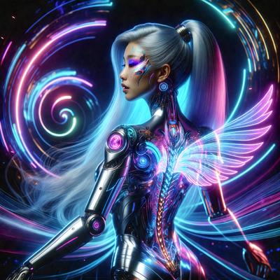 The primary subject of the image is a woman with long hair, wearing a futuristic outfit and a silver helmet. She is standing in front of a purple and blue spiral background. The visual style of the image is digital art, with the woman's outfit and the spiral background being digitally created. The colors and mood of the image are vibrant and energetic, with the purple and blue spiral adding a sense of motion and dynamism to the scene.